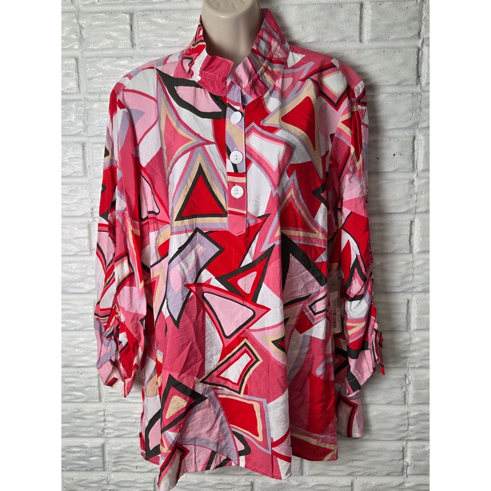 Ali Miles Women's 1X Geometric Rayon Nylon Cinch 3/4 Sleeves Top NWT